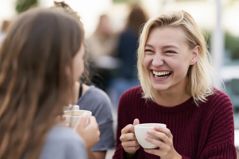 Woman laughing while holding coffee cup in outdoor cafe with friend