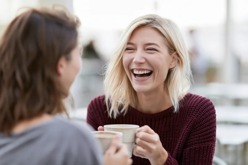 Blonde woman laughing while holding coffee mug, facing friend at outdoor cafe