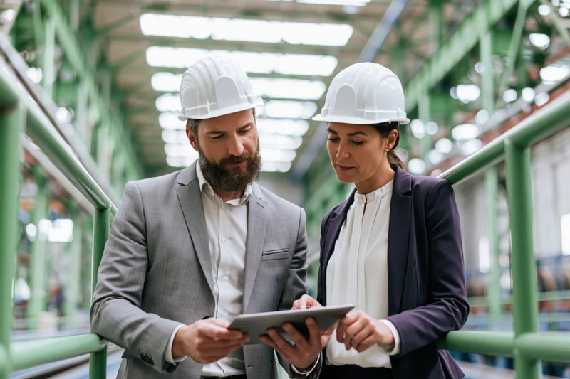Two industrial engineers in hardhats reviewing a tablet together in a factory walkway