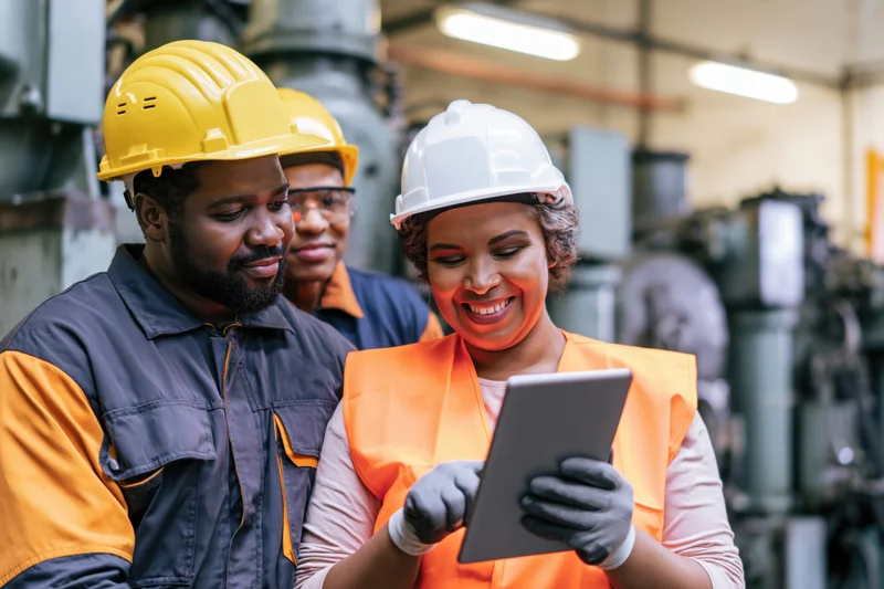 Woman and man engineers reviewing tablet together in factory workshop
