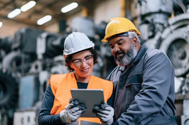 Two industrial engineers reviewing a tablet together in a factory workshop