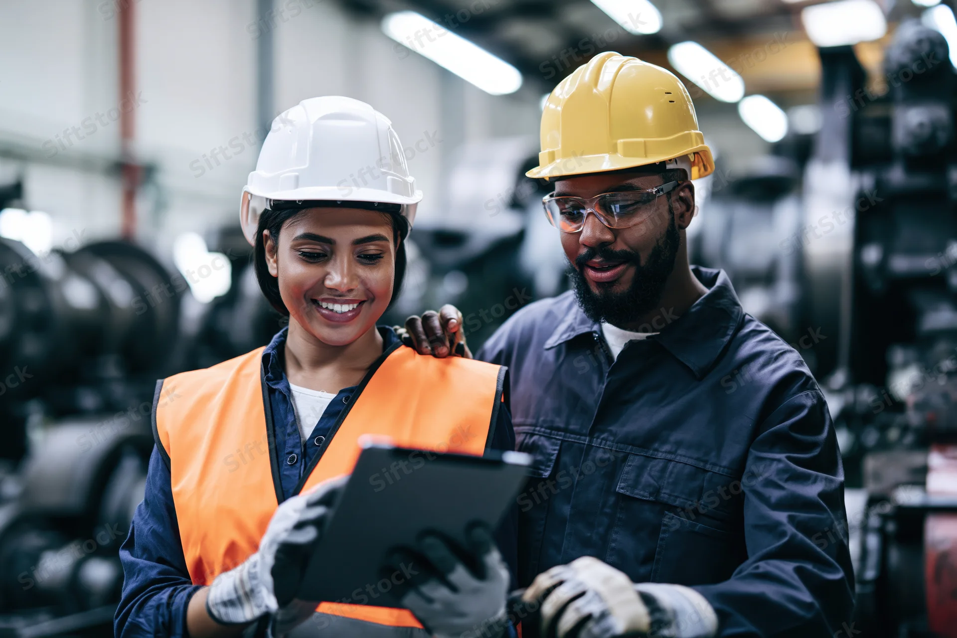 Two industrial engineers reviewing a tablet together in a factory setting
