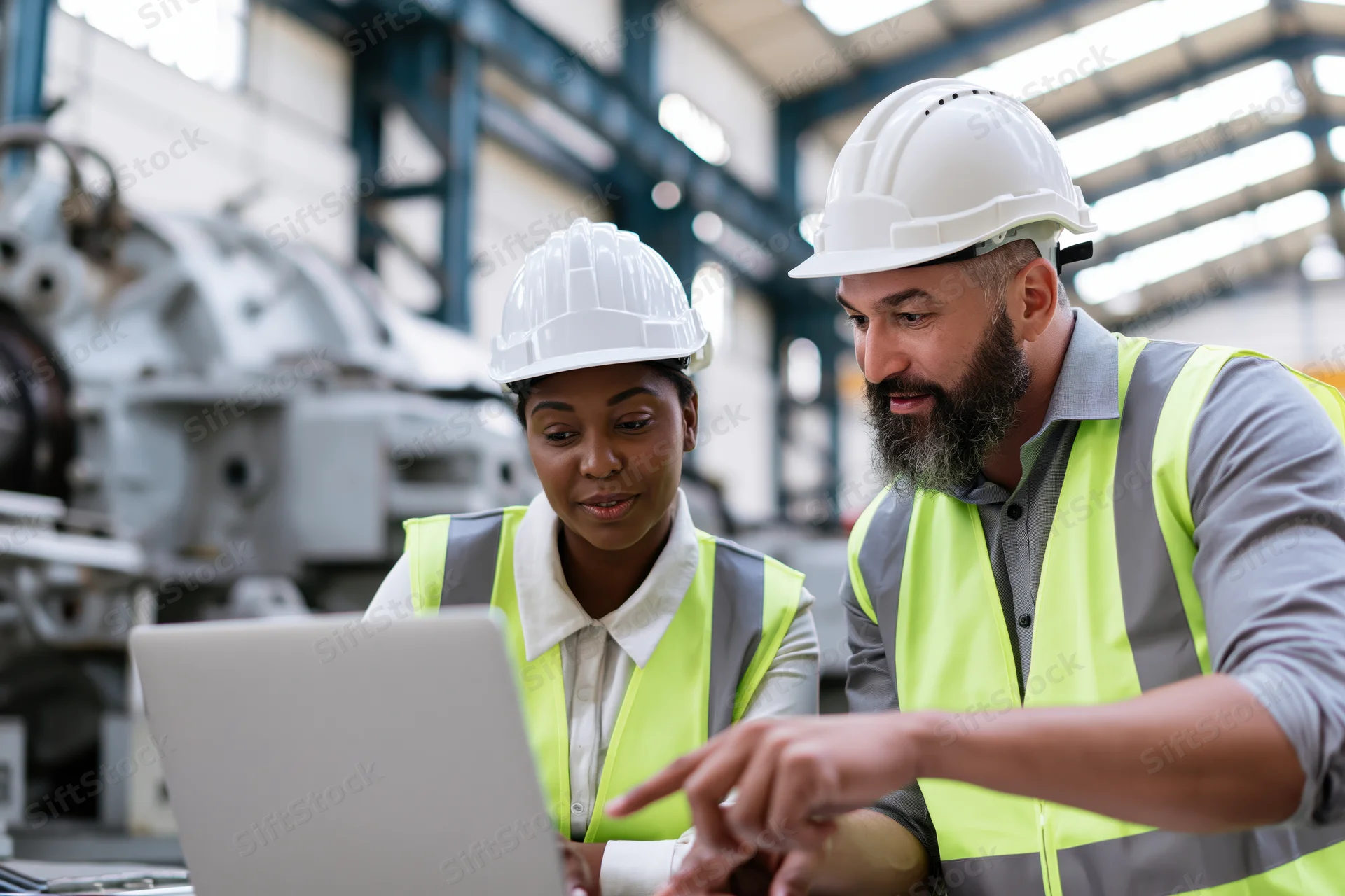 Two industrial engineers reviewing data on a laptop in a factory setting