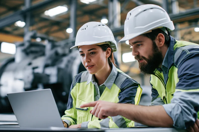 Two industrial engineers reviewing data on a laptop in a factory workshop