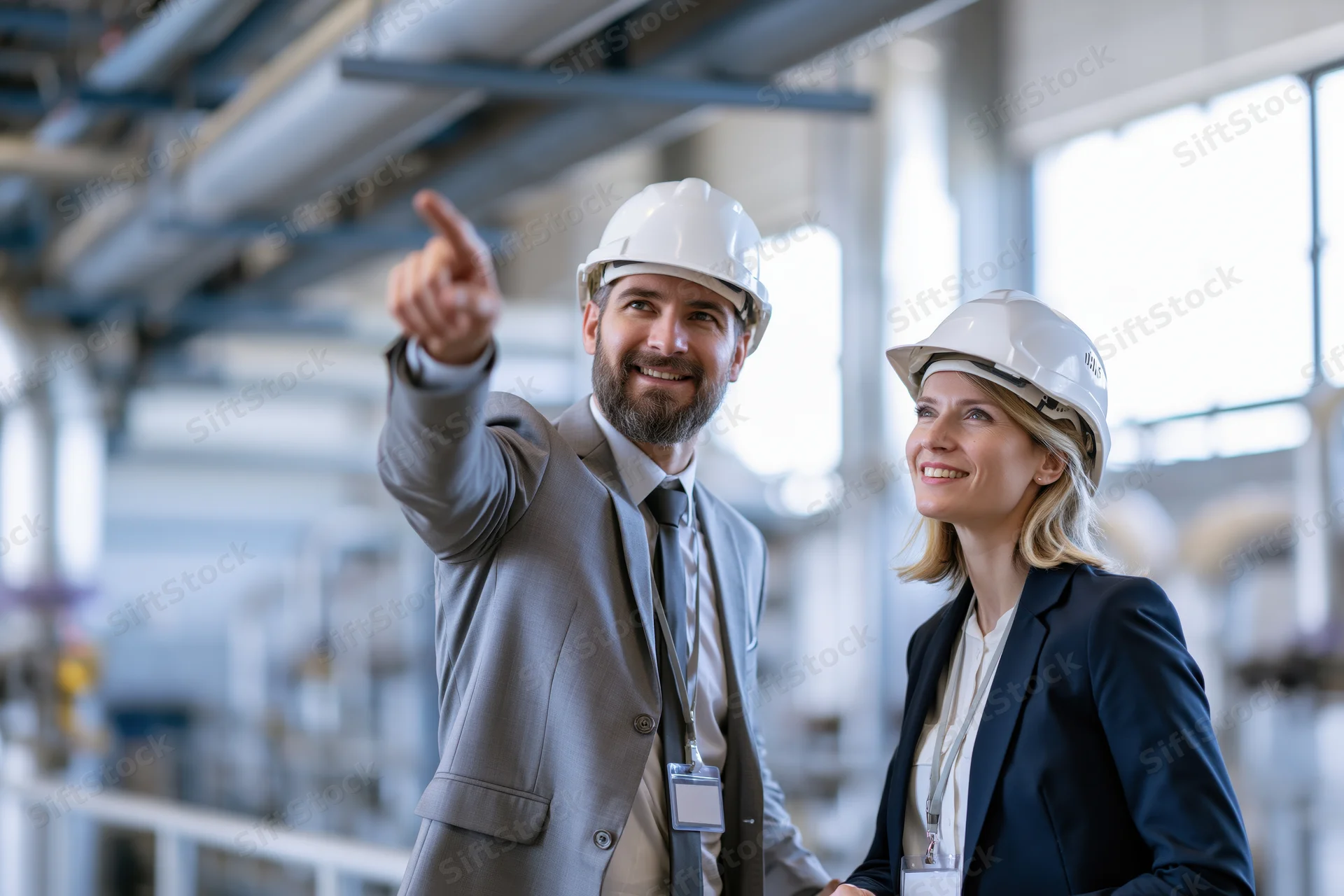 Two industrial engineers in hardhats pointing and smiling on a factory mezzanine