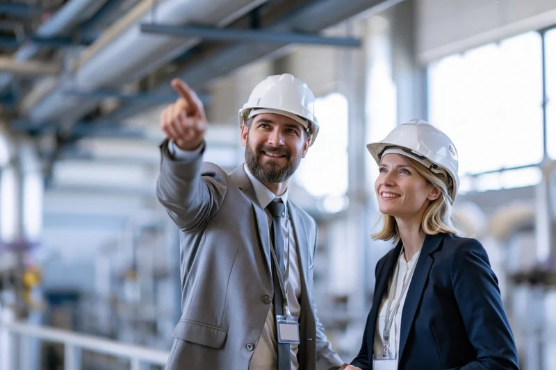 Two industrial engineers in hardhats pointing and smiling on a factory mezzanine