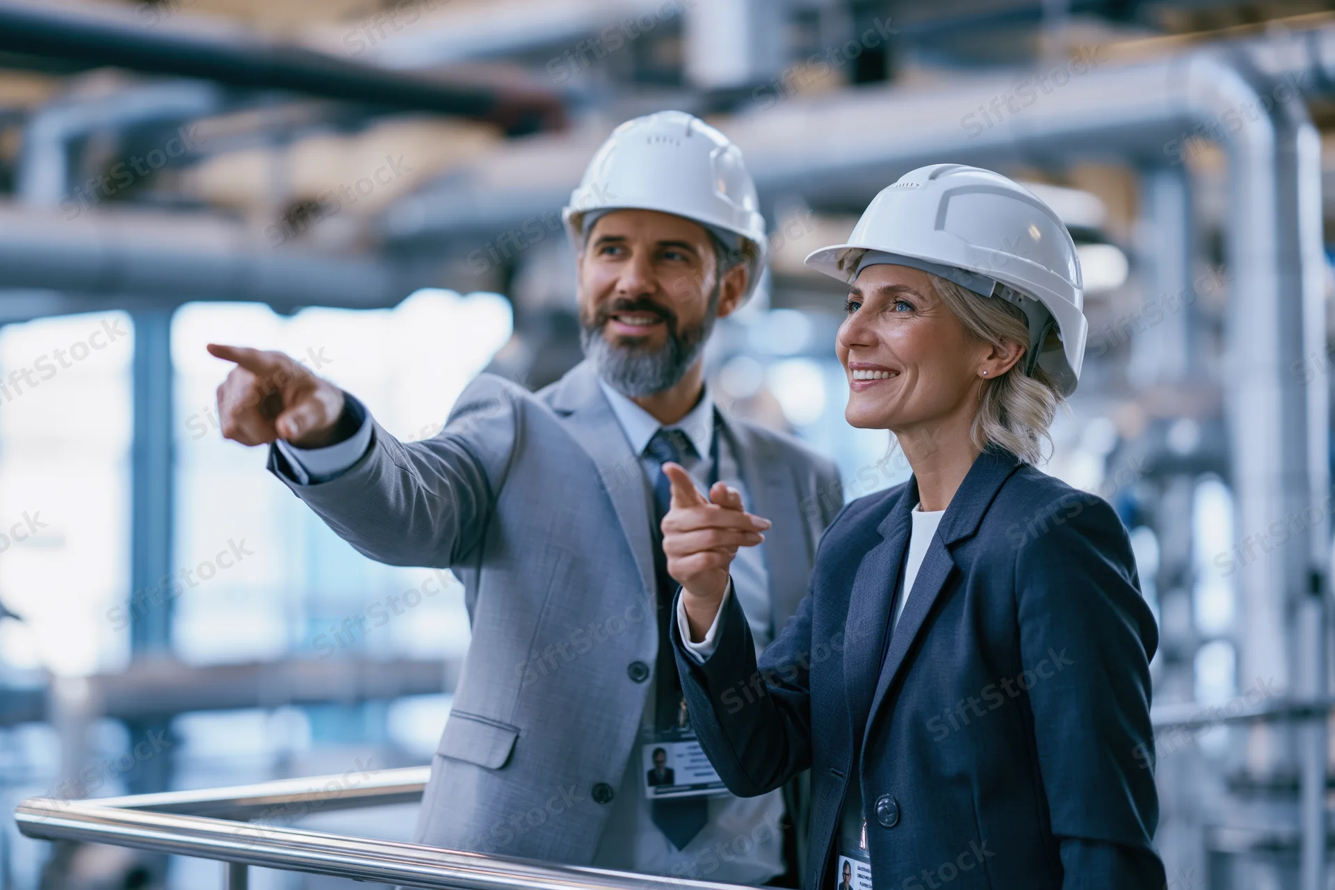 Two industrial engineers in hardhats pointing and smiling on a factory mezzanine