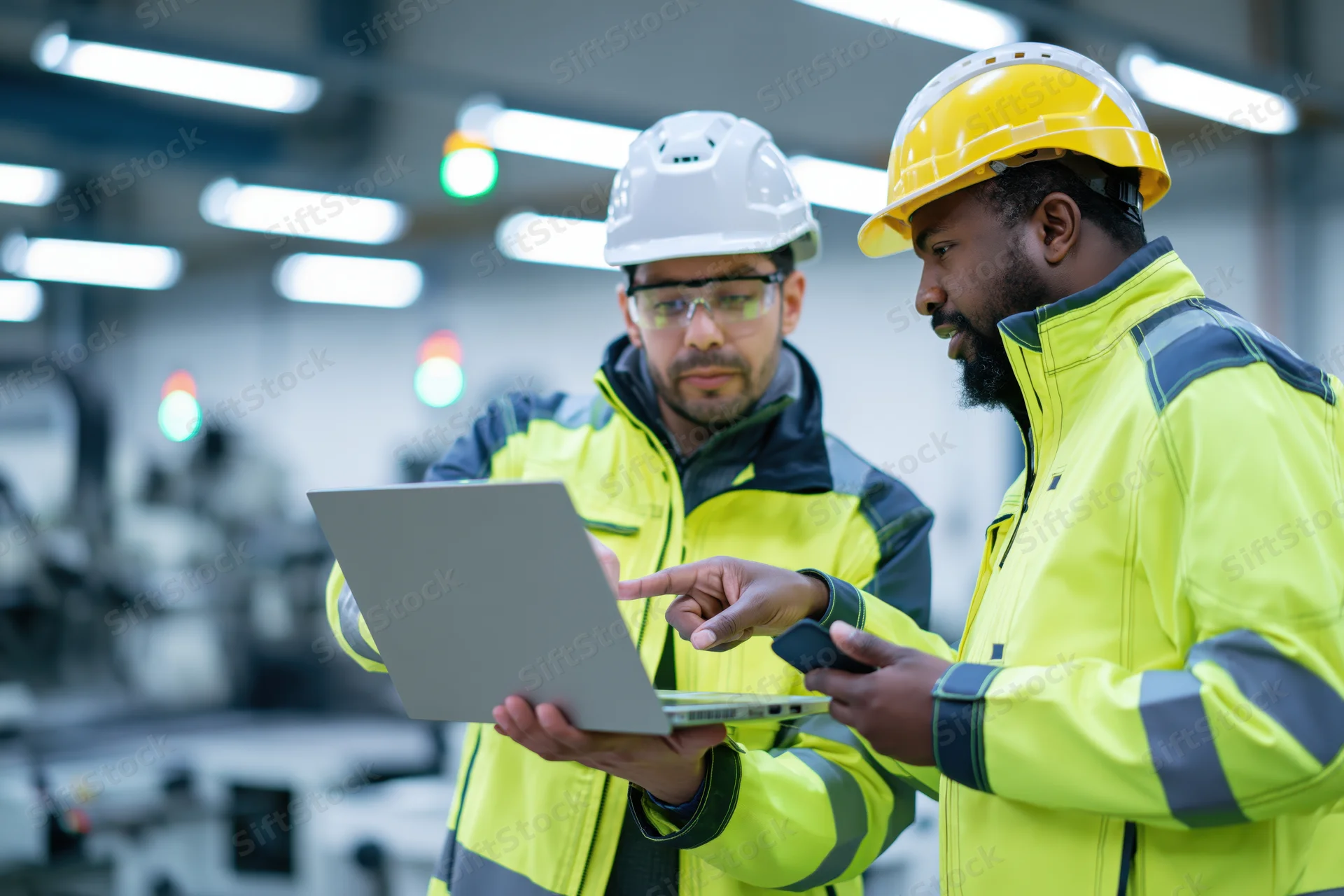 Two male industrial engineers reviewing data on a laptop in a factory setting