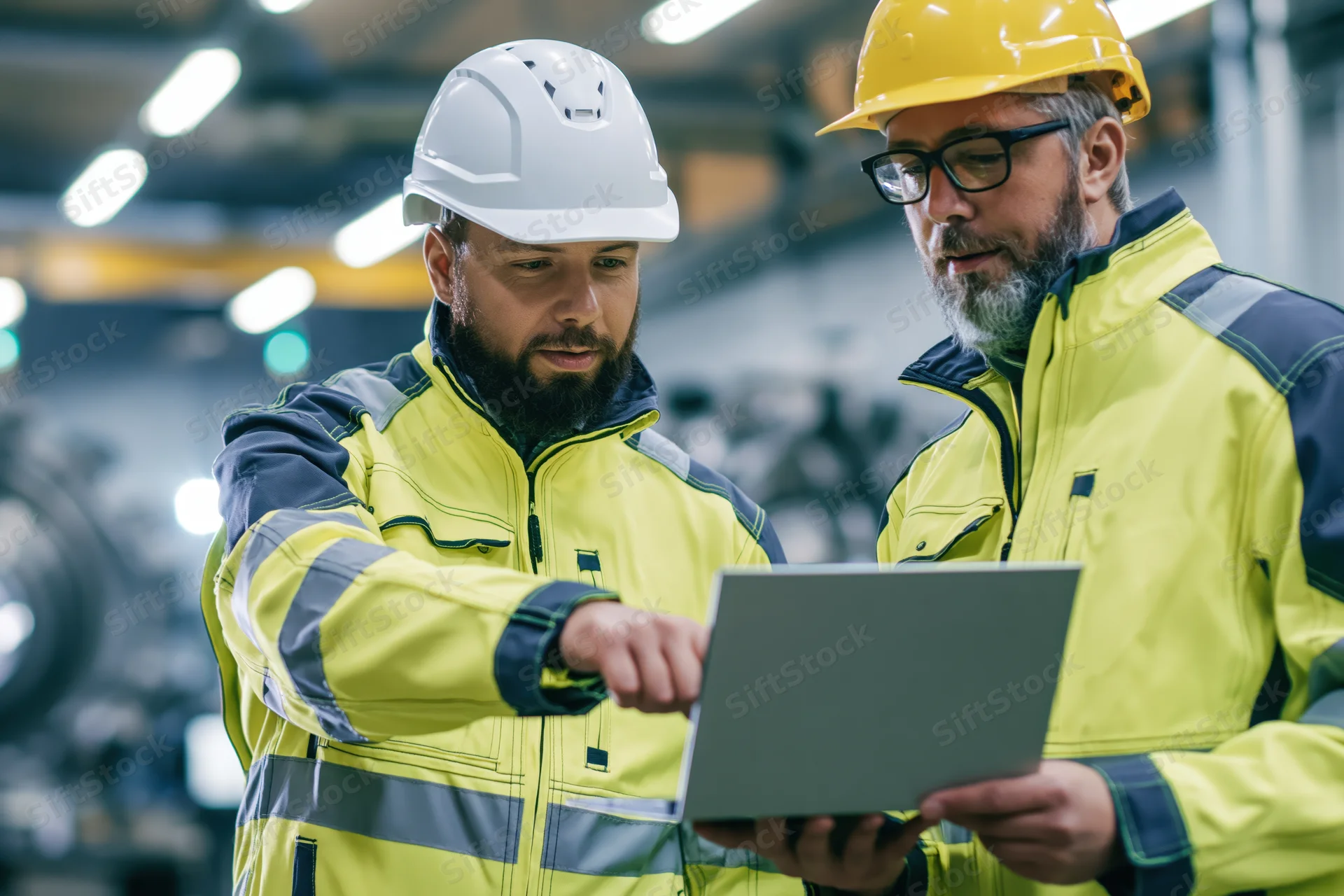Two male industrial engineers reviewing data on a laptop in a factory setting