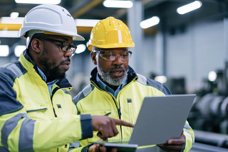 Two male industrial engineers reviewing data on a laptop in a factory workshop