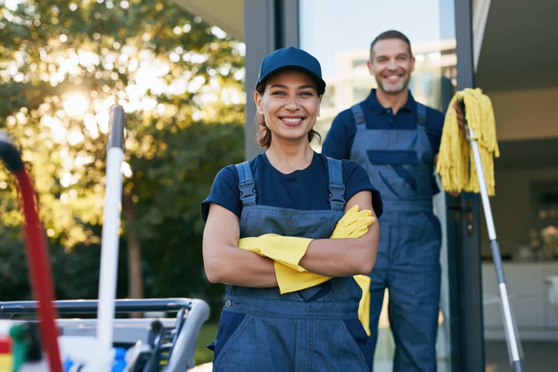 Woman and man cleaners in uniforms standing outside building entrance with cleaning tools, smiling at camera