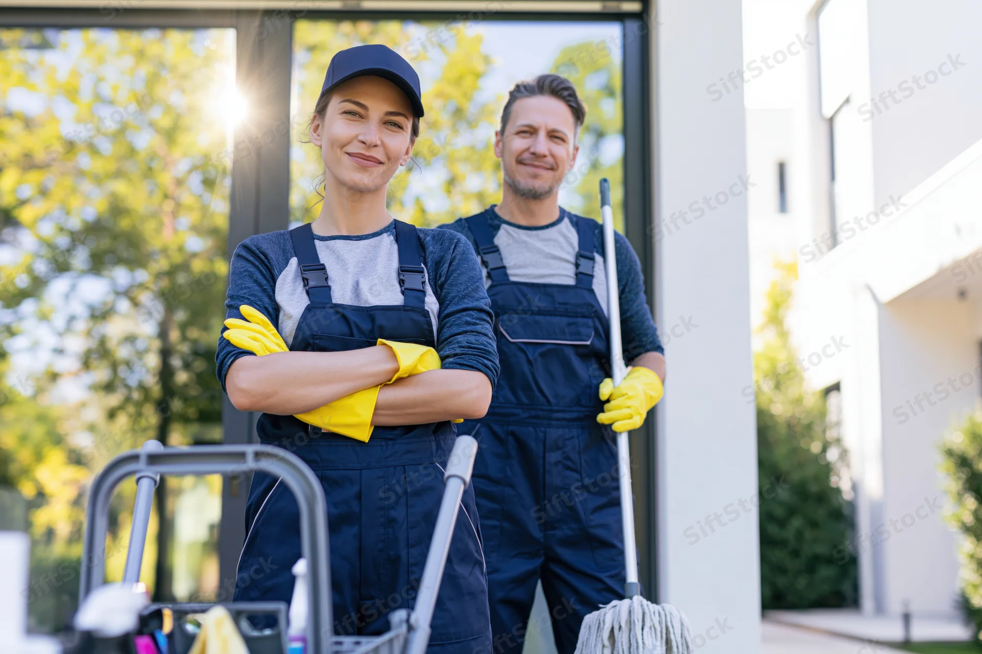 Two professional cleaners standing side by side outside a modern building with cleaning tools and supplies