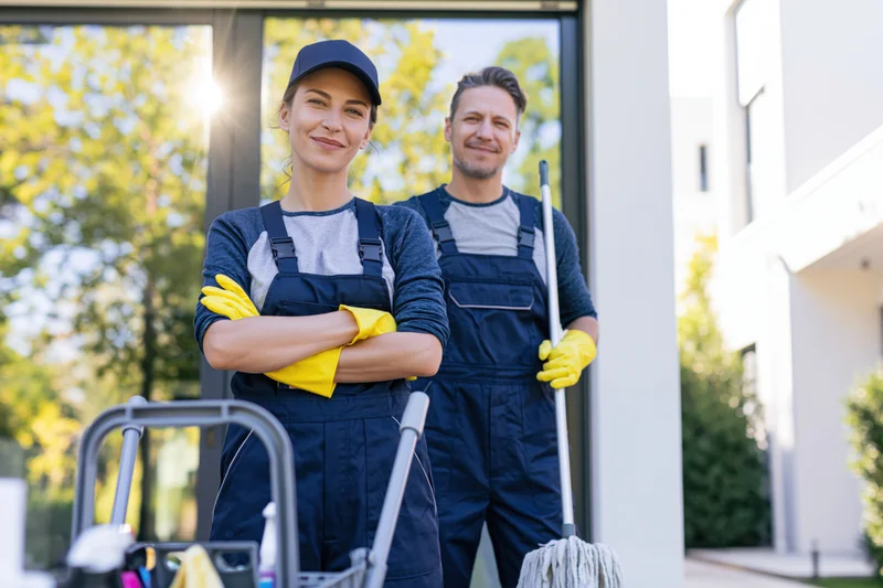 Two professional cleaners standing side by side outside a modern building with cleaning tools and supplies
