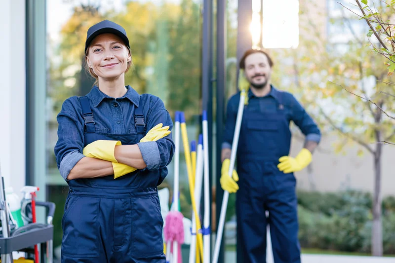 Woman and man in cleaning uniforms standing outside a building with cleaning tools, arms crossed, smiling