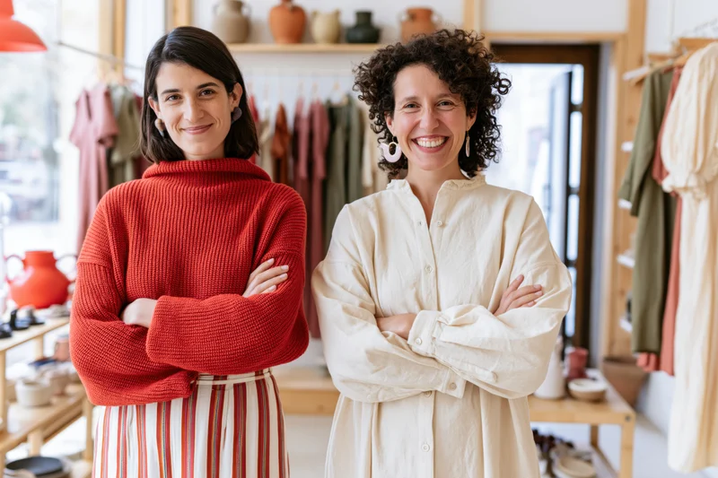 Two women shop owners standing with arms crossed in a boutique interior