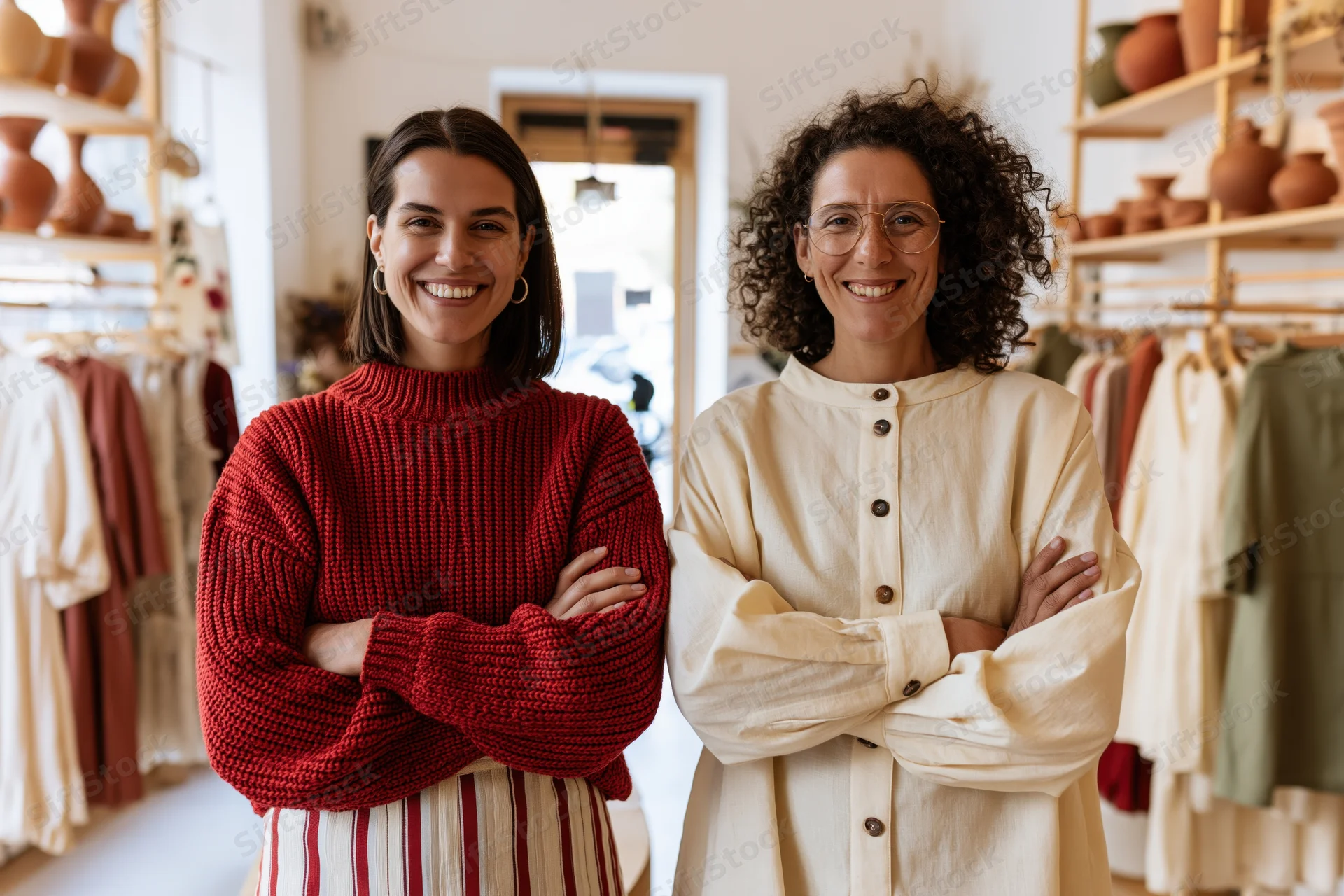 Two women shop owners standing with arms crossed in a boutique store