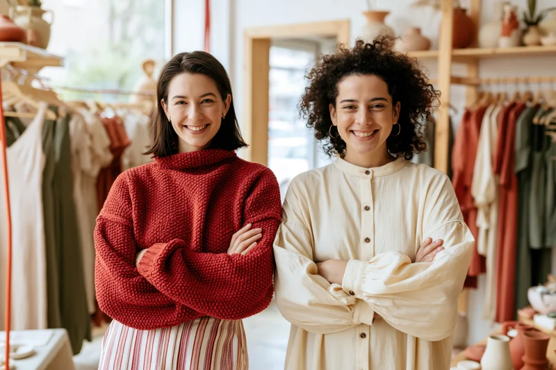 Two women shop owners standing with arms crossed in a boutique interior