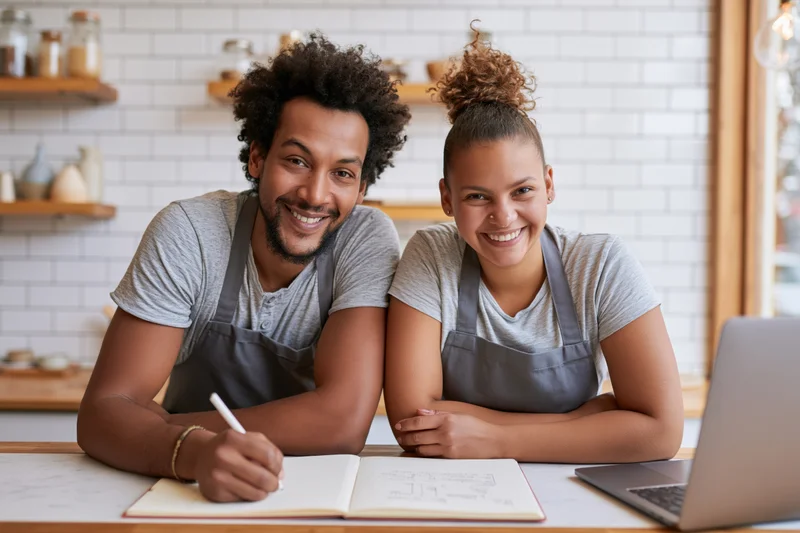 Young couple cafe owners smiling at counter with notebook and laptop