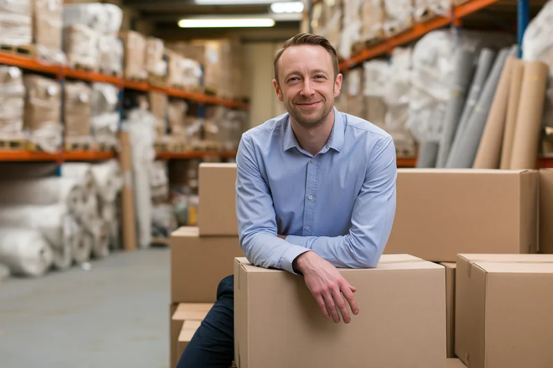 Warehouse manager leaning casually on stack of cardboard boxes in storage facility