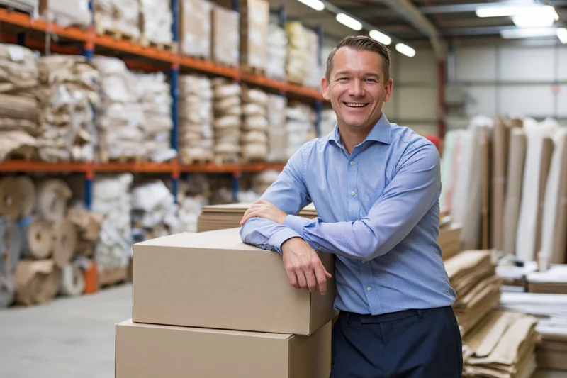 Middleaged man smiling while leaning on stack of cardboard boxes in warehouse