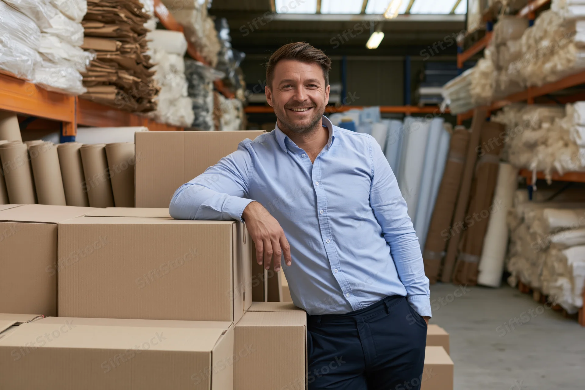 Warehouse manager leaning casually on stack of cardboard boxes in storage facility