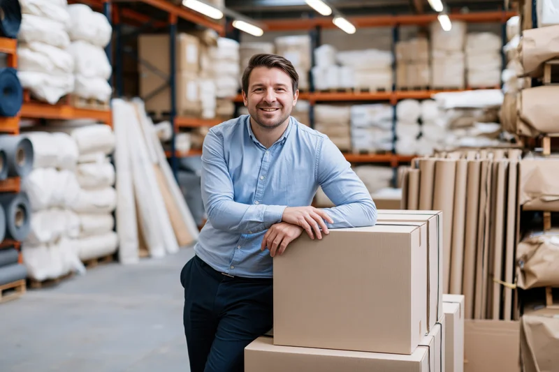 Smiling warehouse manager leaning on stack of cardboard boxes in storage facility