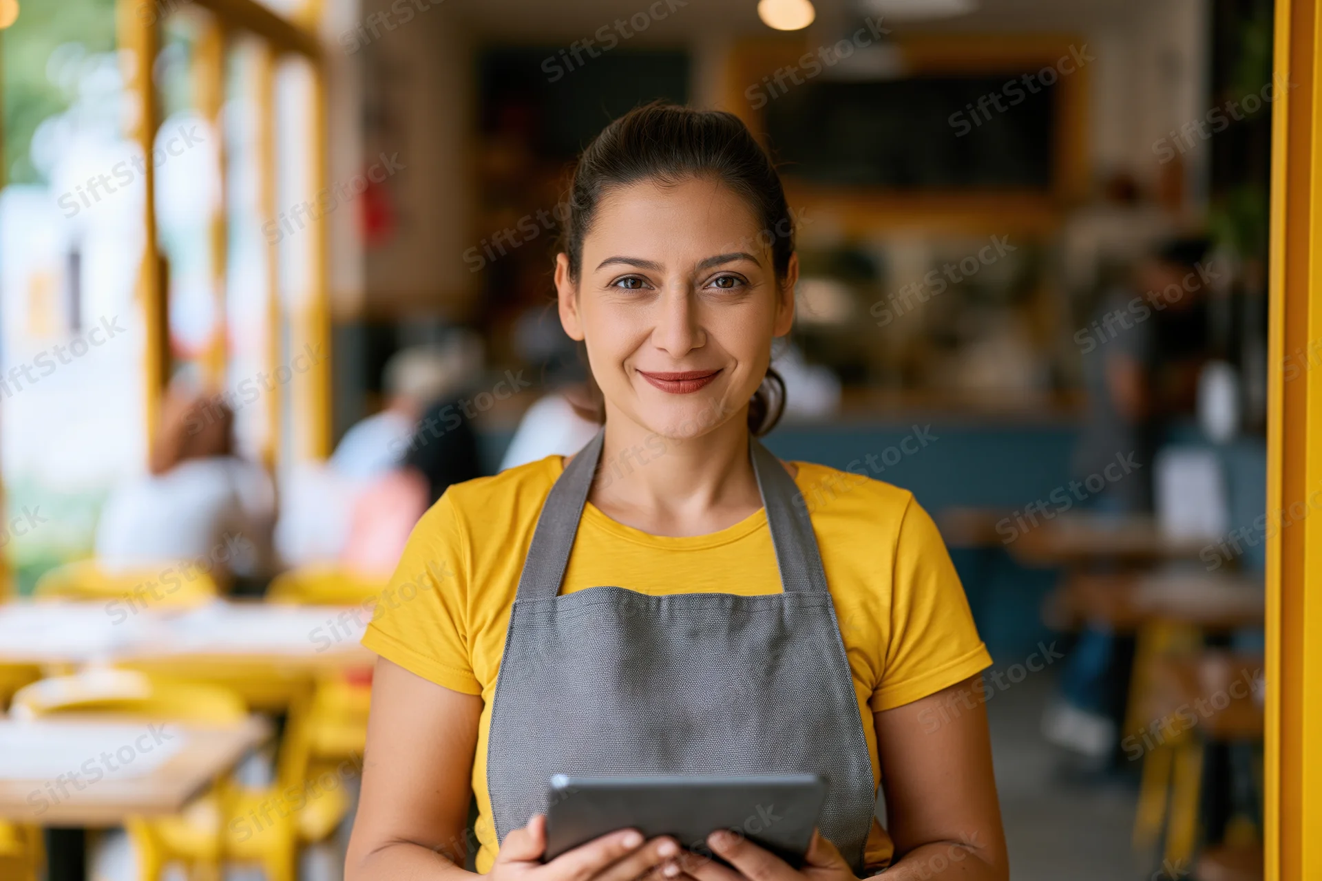 Woman cafe owner smiling while holding tablet at entrance of restaurant