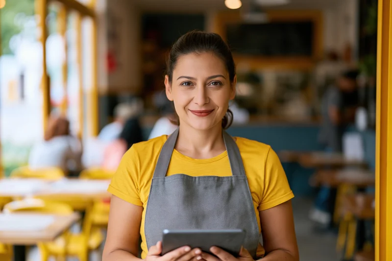Woman cafe owner smiling while holding tablet at entrance of restaurant