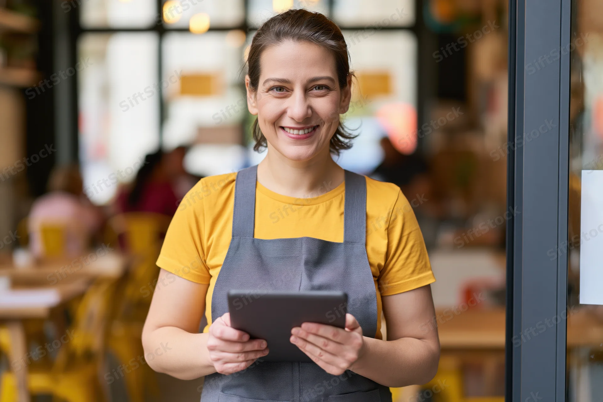 Woman cafe owner smiling while holding tablet at entrance