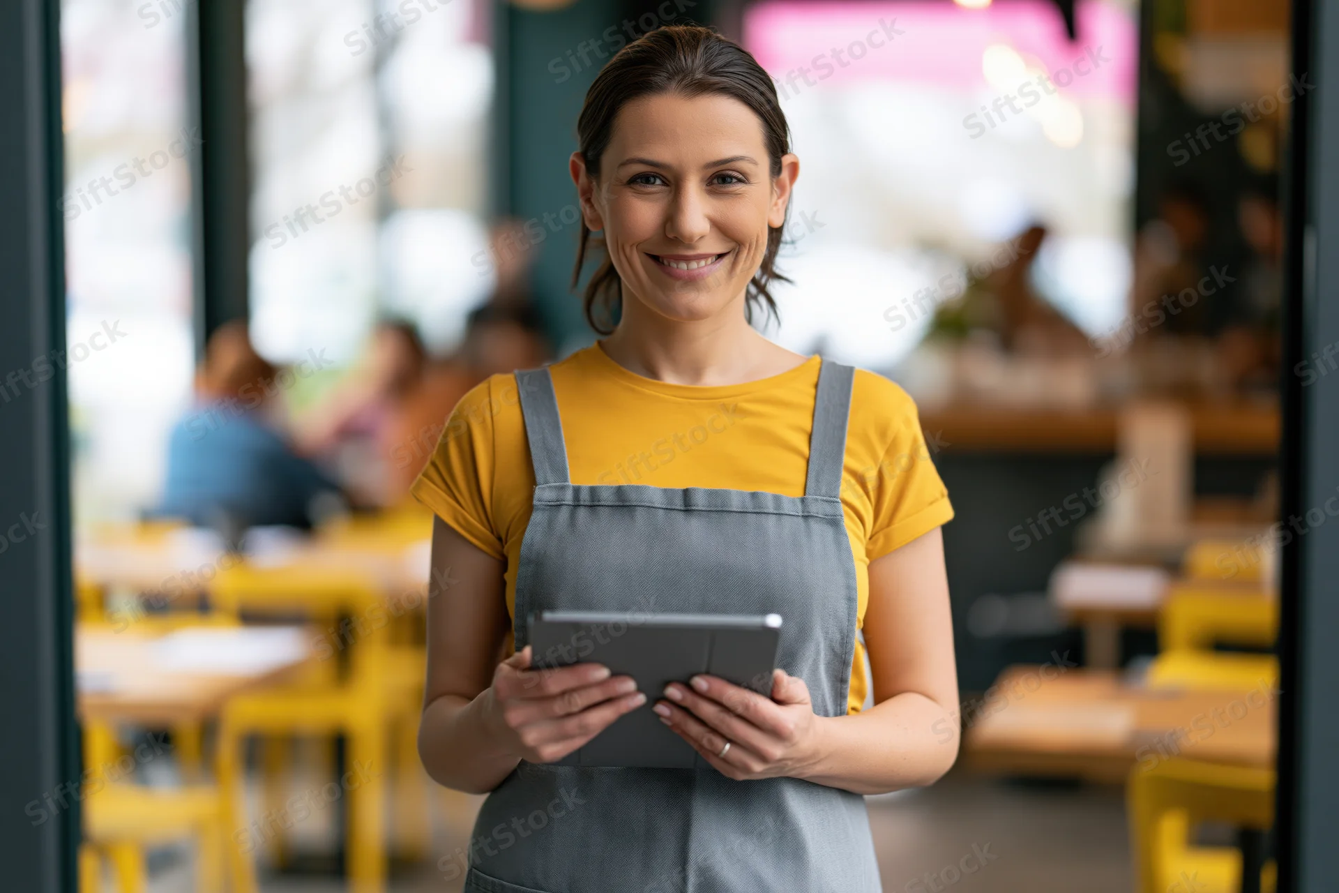 Woman cafe owner smiling while holding tablet at entrance of restaurant