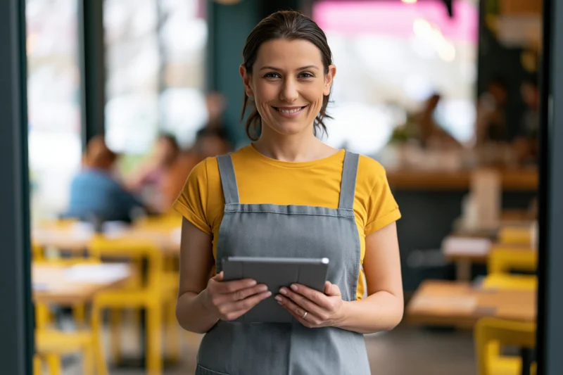 Woman cafe owner smiling while holding tablet at entrance of restaurant