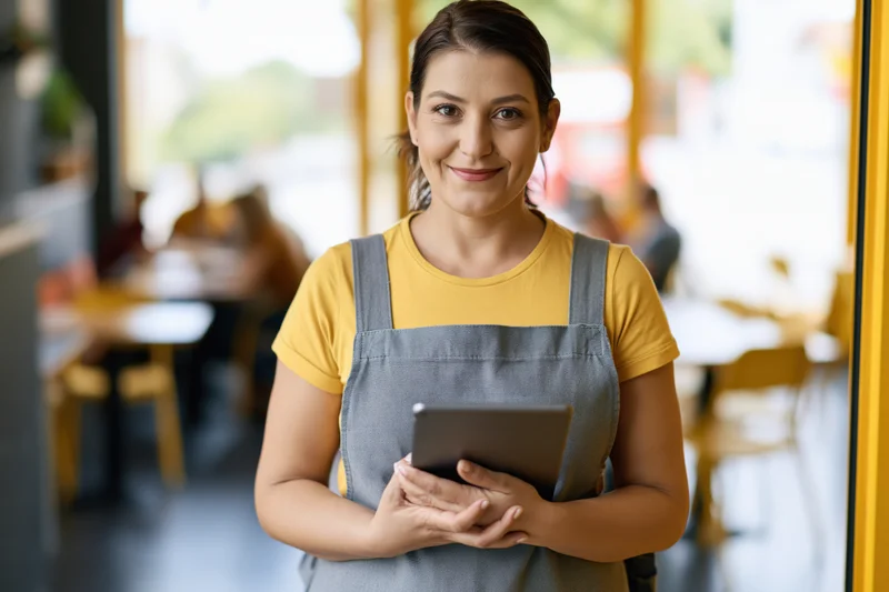 Woman cafe owner holding tablet at entrance smiling toward camera