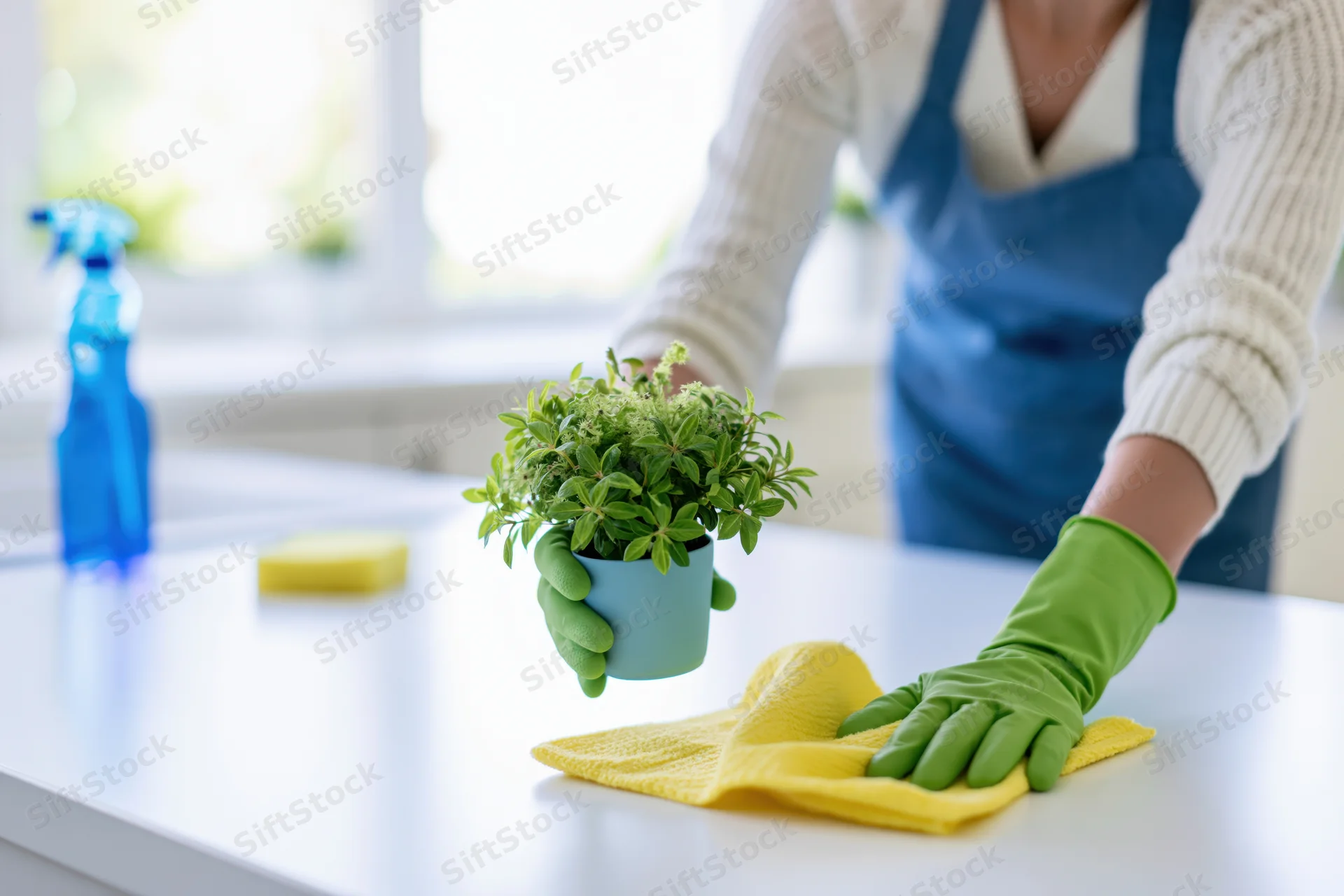 Woman in blue apron and green gloves wiping white kitchen table while holding potted plant