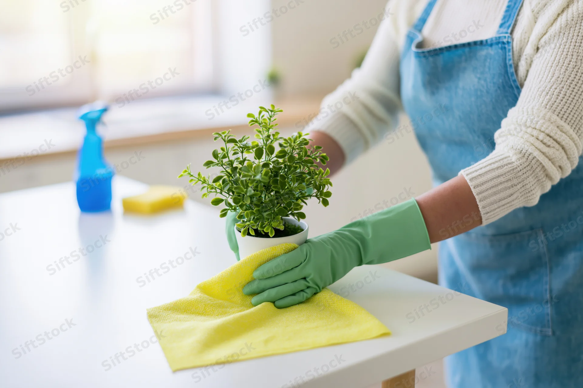 Woman in blue apron and green gloves wiping white table with yellow cloth near potted plant