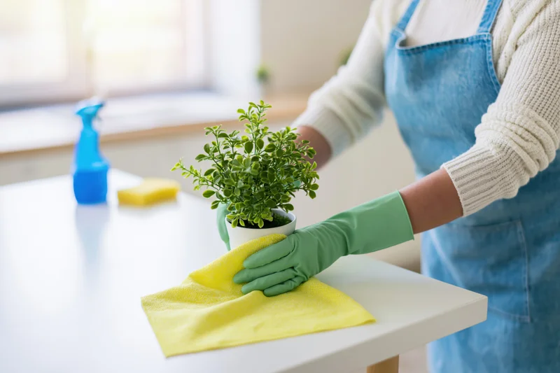 Woman in blue apron and green gloves wiping white table with yellow cloth near potted plant
