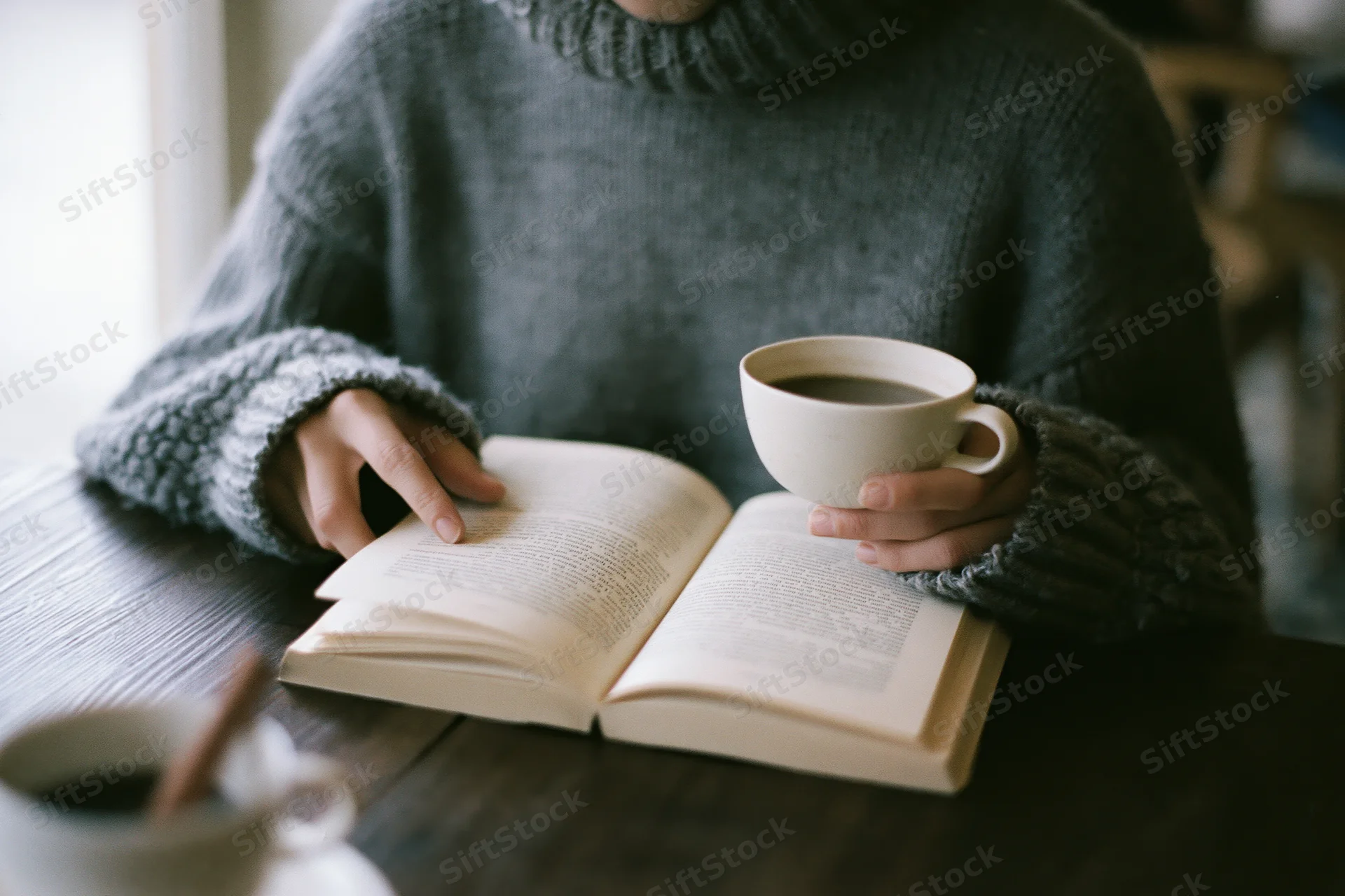 Woman reading an open book while holding a white coffee cup at a wooden table