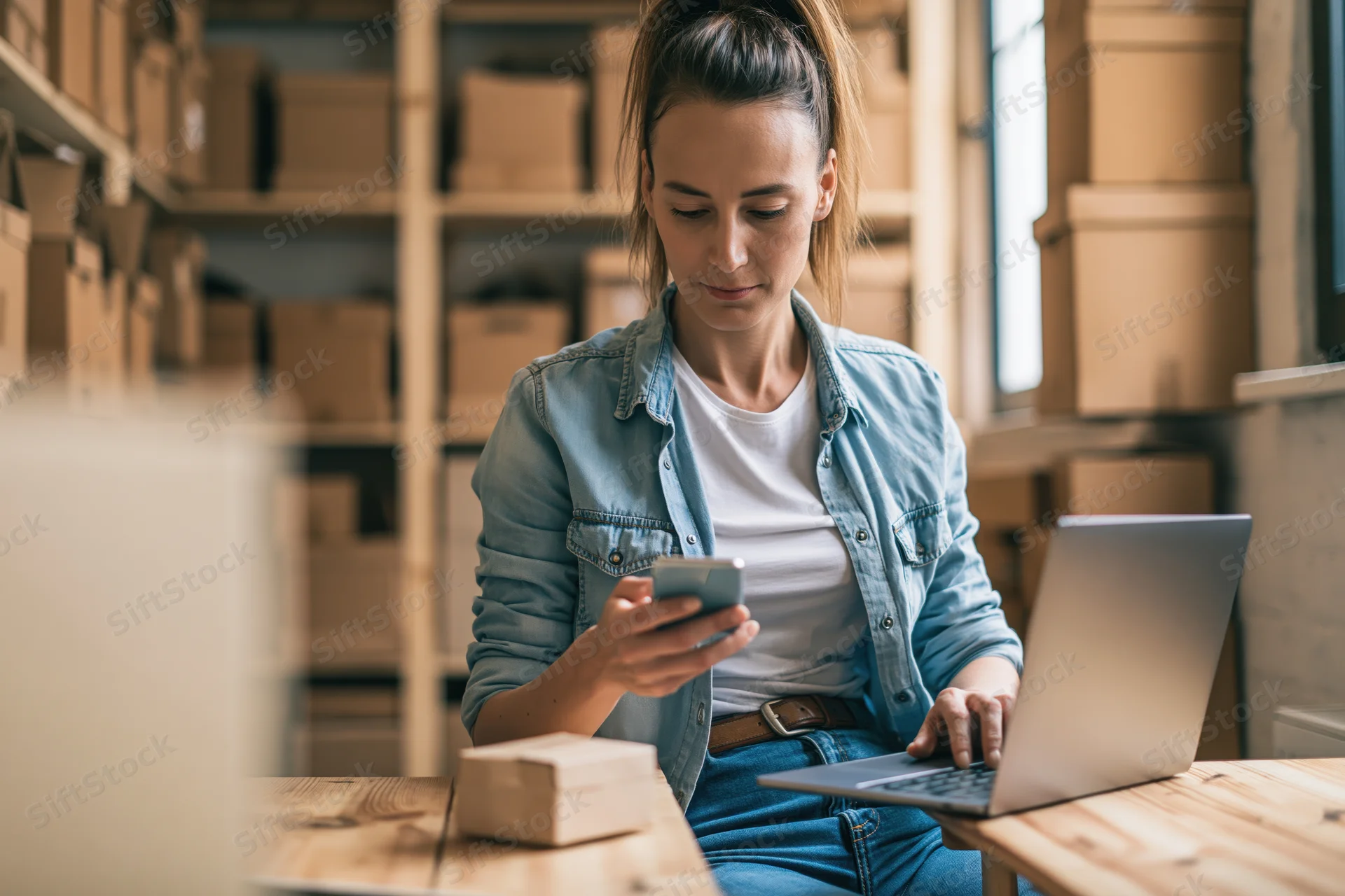 Woman working on laptop and smartphone at wooden desk in warehouse with boxes on shelves