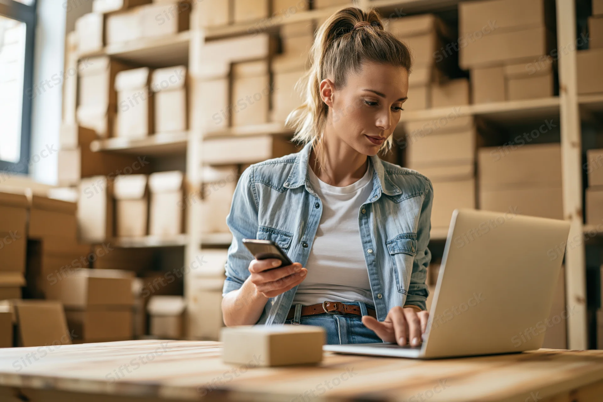 Woman using laptop and smartphone at desk in warehouse with boxes on shelves
