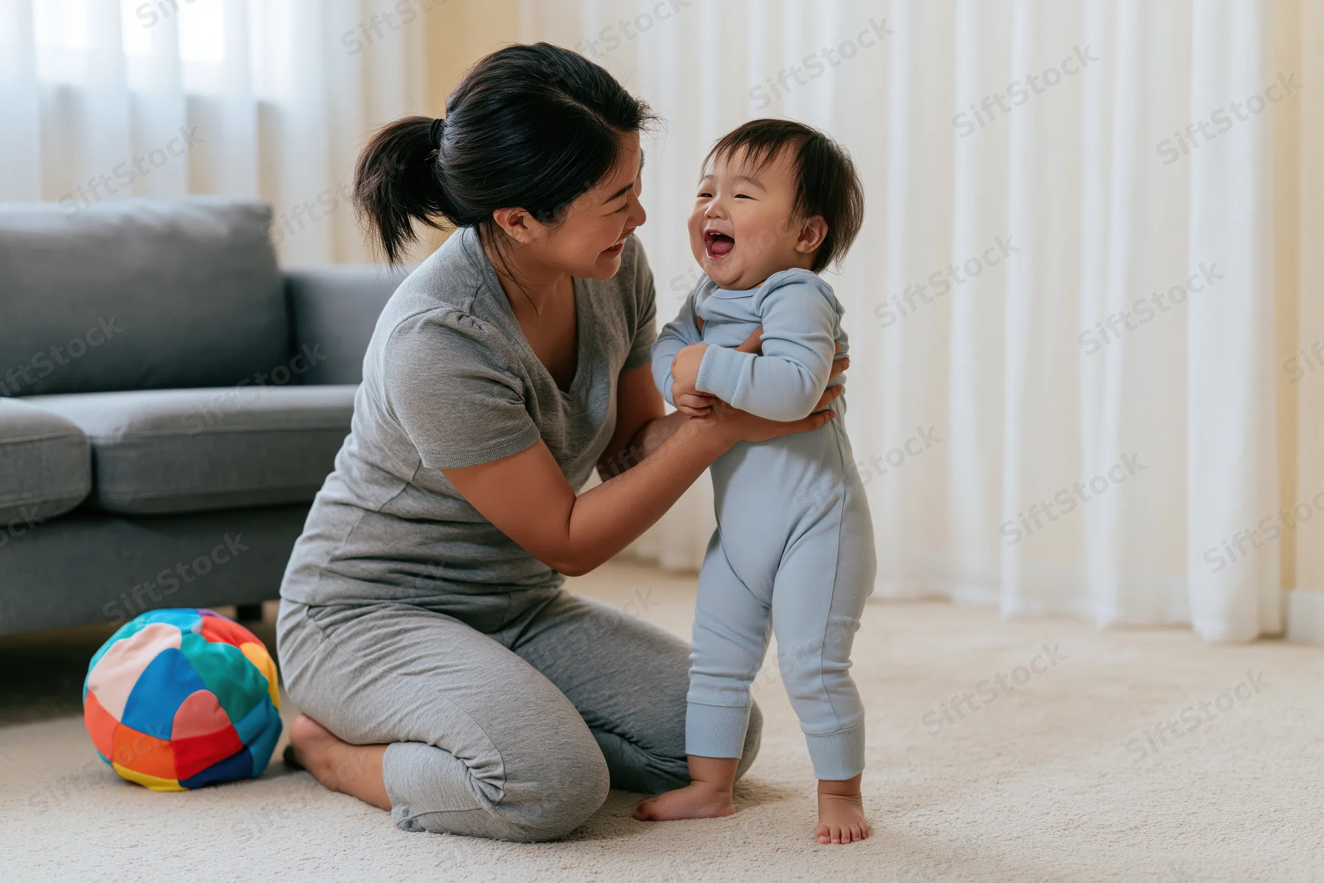Asian mother kneeling on carpet holding laughing baby in living room