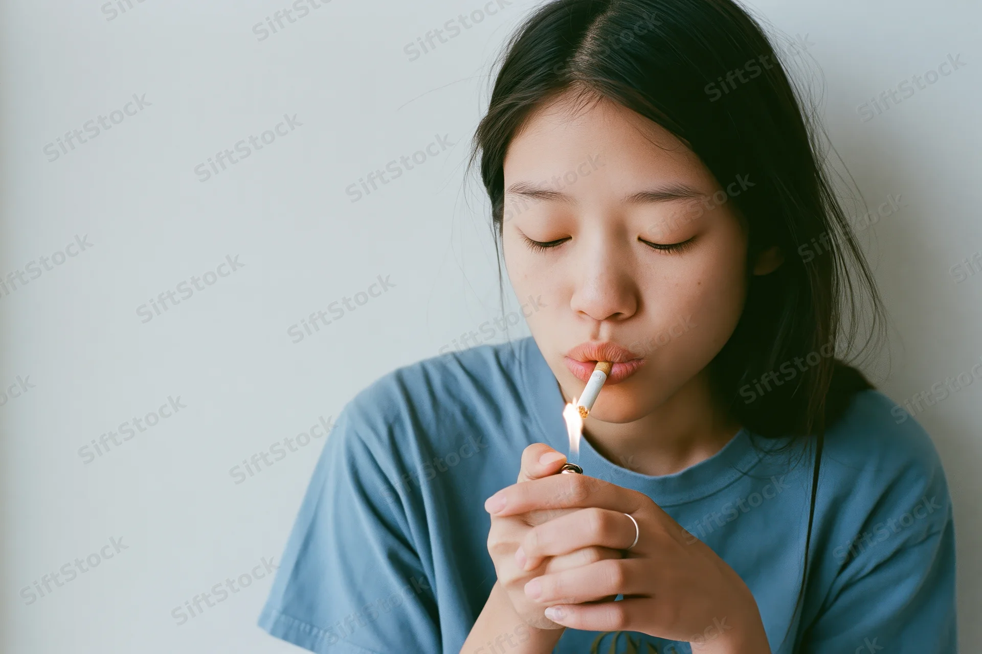 Young asian woman lighting a cigarette held between her lips indoors