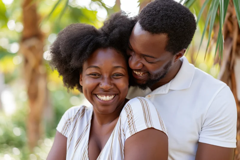Young black couple embracing outdoors, smiling and laughing, surrounded by palm trees and green foliage