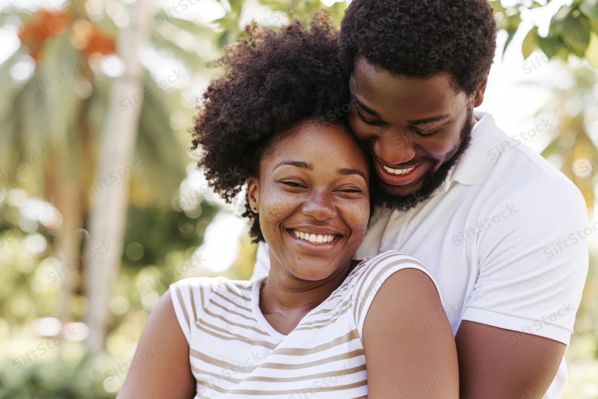 Young black couple embracing outdoors, woman with curly afro, both smiling, in a garden setting