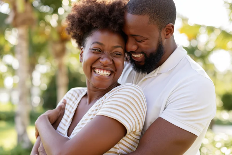 Young black couple embracing outdoors, woman with curly afro, both smiling joyfully in a sunlit park
