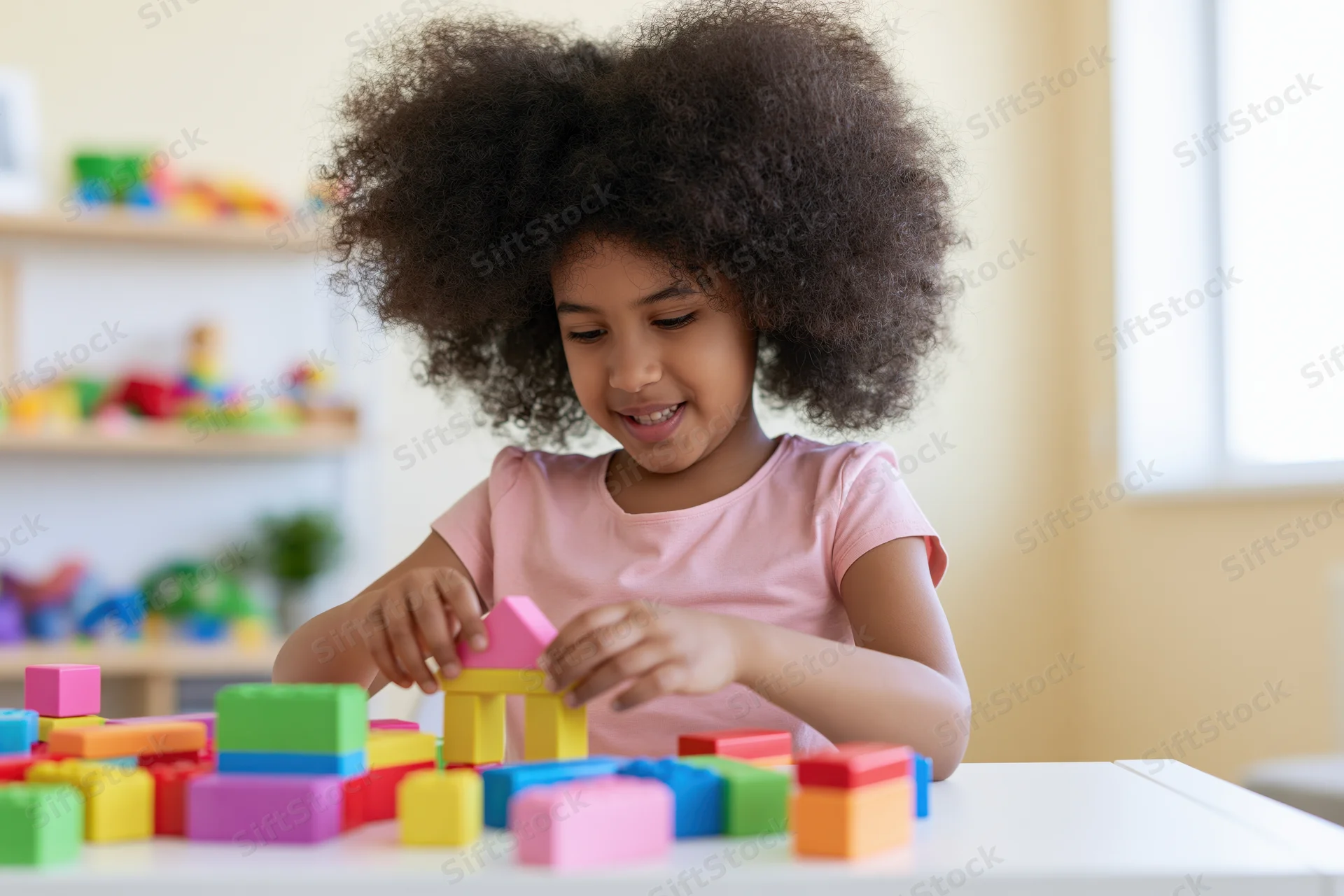 Young black girl smiling while building with colorful blocks at a table in a playroom