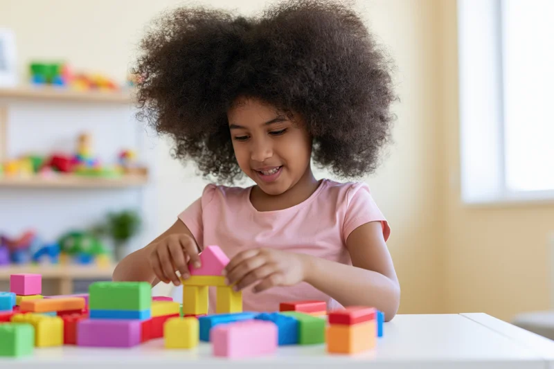 Young black girl smiling while building with colorful blocks at a table in a playroom