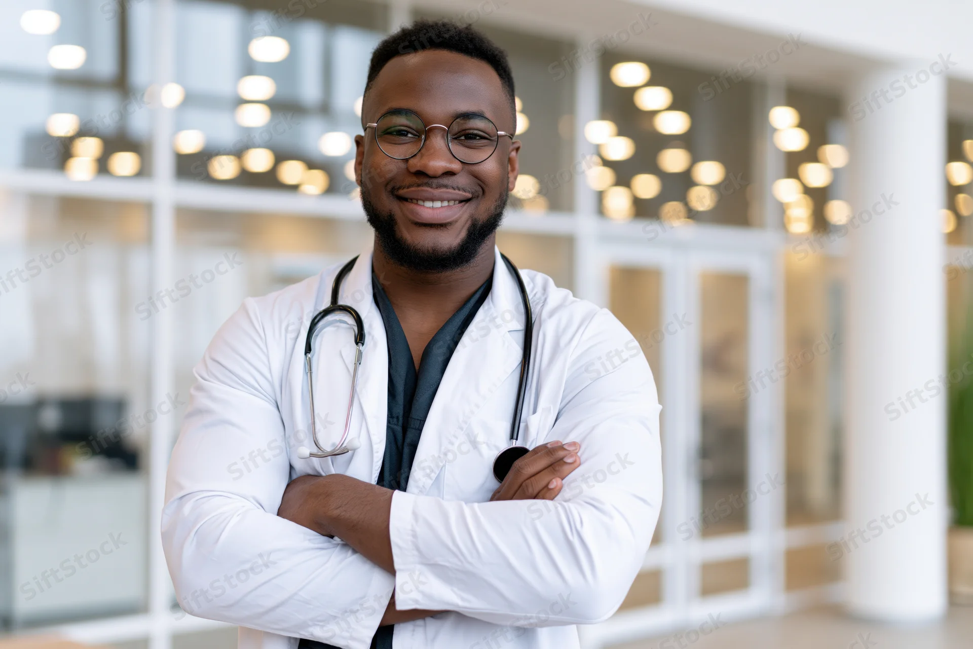 Black male doctor smiling with arms crossed in hospital corridor