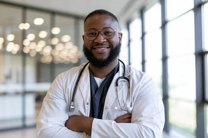 Black male doctor smiling with arms crossed in a modern hospital corridor