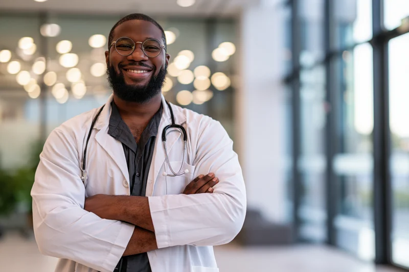 Black male doctor smiling with arms crossed in a modern clinic interior