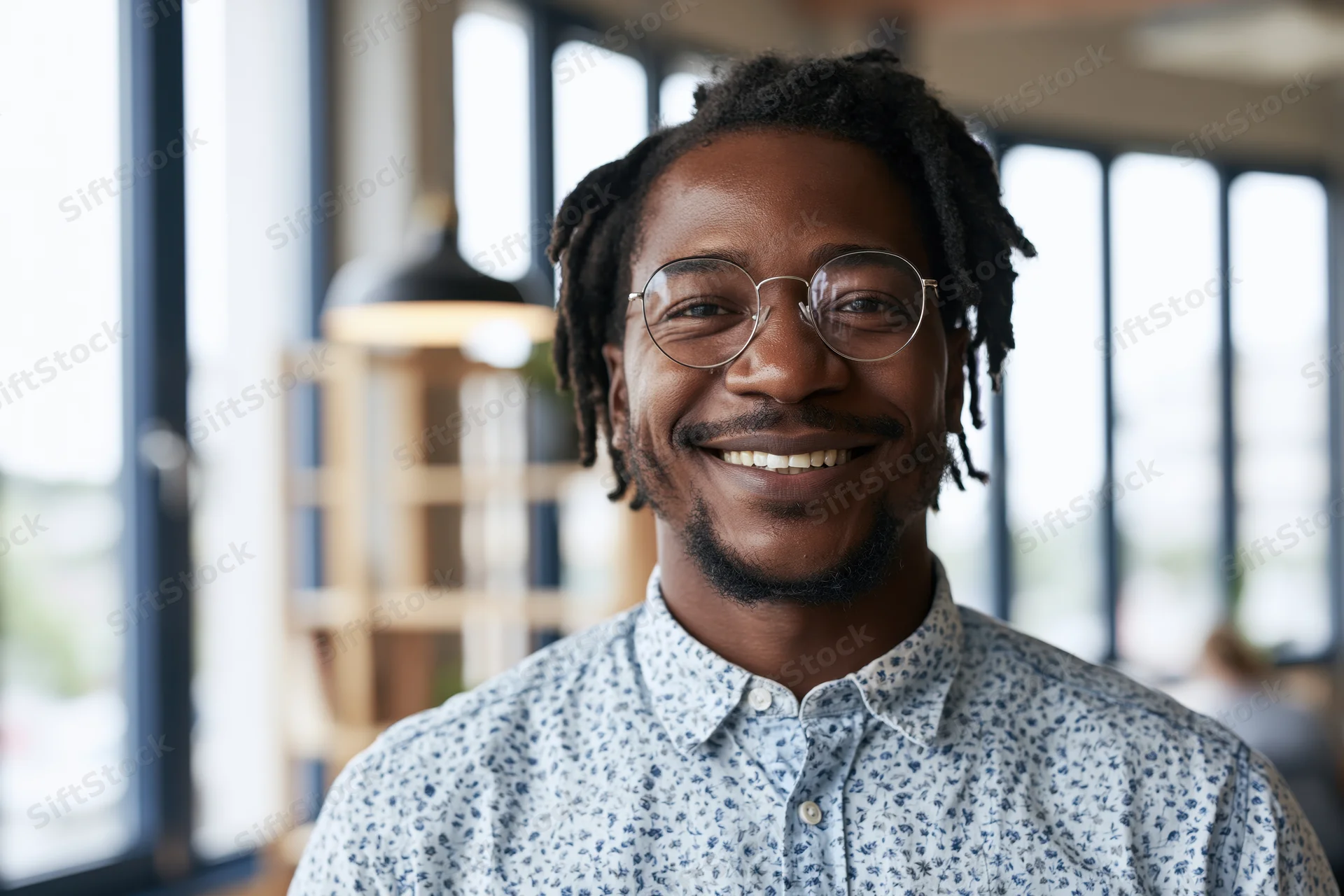 Smiling black man with dreadlocks and glasses in a modern office interior