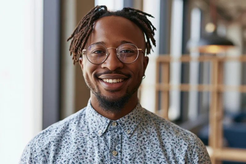 Young black man smiling with round wire-frame glasses and short dreadlocks in a modern office interior